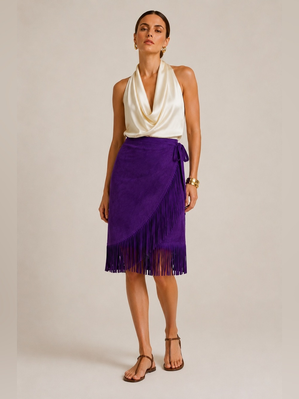 Vintage vibrant purple suede fringed wrap skirt. Tie waist. Large.